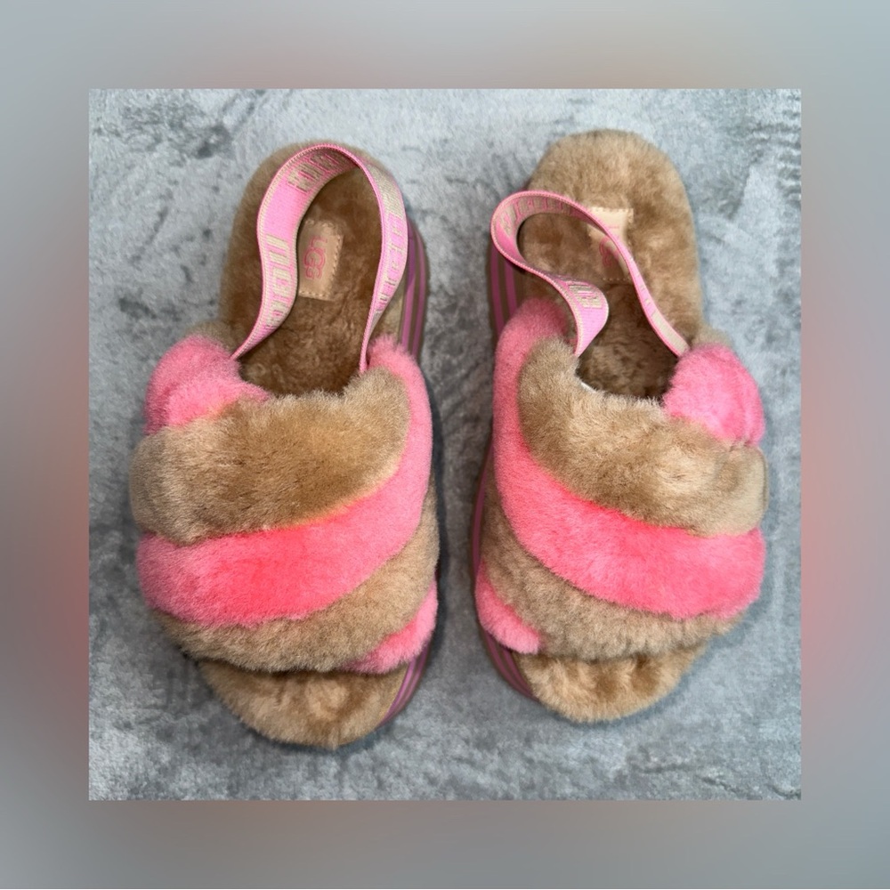 UGG Australia Disco Stripe Sheepskin Shoes Slide Slipper Women Chestnut/Pink sz7